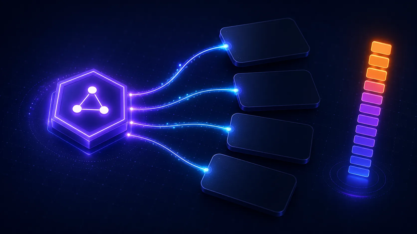 Agent IA au centre d'un canvas sombre, relié par des connecteurs lumineux à quatre outils, avec un compteur de consommation qui monte sur le côté