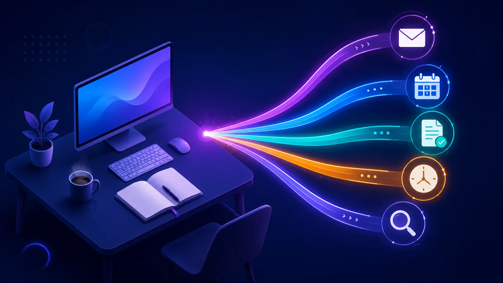 Poste de travail de freelance d'où partent cinq flux d'automatisation ordonnés