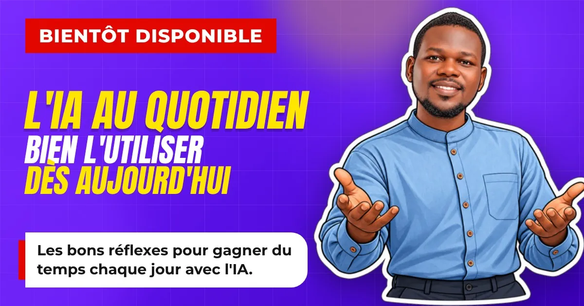 Couverture de la formation L’IA au quotidien, marquée Bientôt disponible : « Bien l’utiliser dès aujourd’hui », avec un personnage illustré aux bras ouverts.
