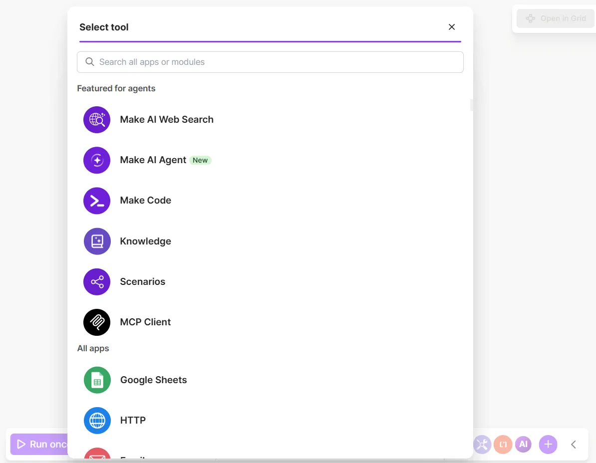 Fenêtre Select tool de Make, section Featured for agents listant Make AI Web Search, Make AI Agent marqué New, Make Code, Knowledge, Scenarios et MCP Client, puis la liste complète des applications avec Google Sheets et HTTP