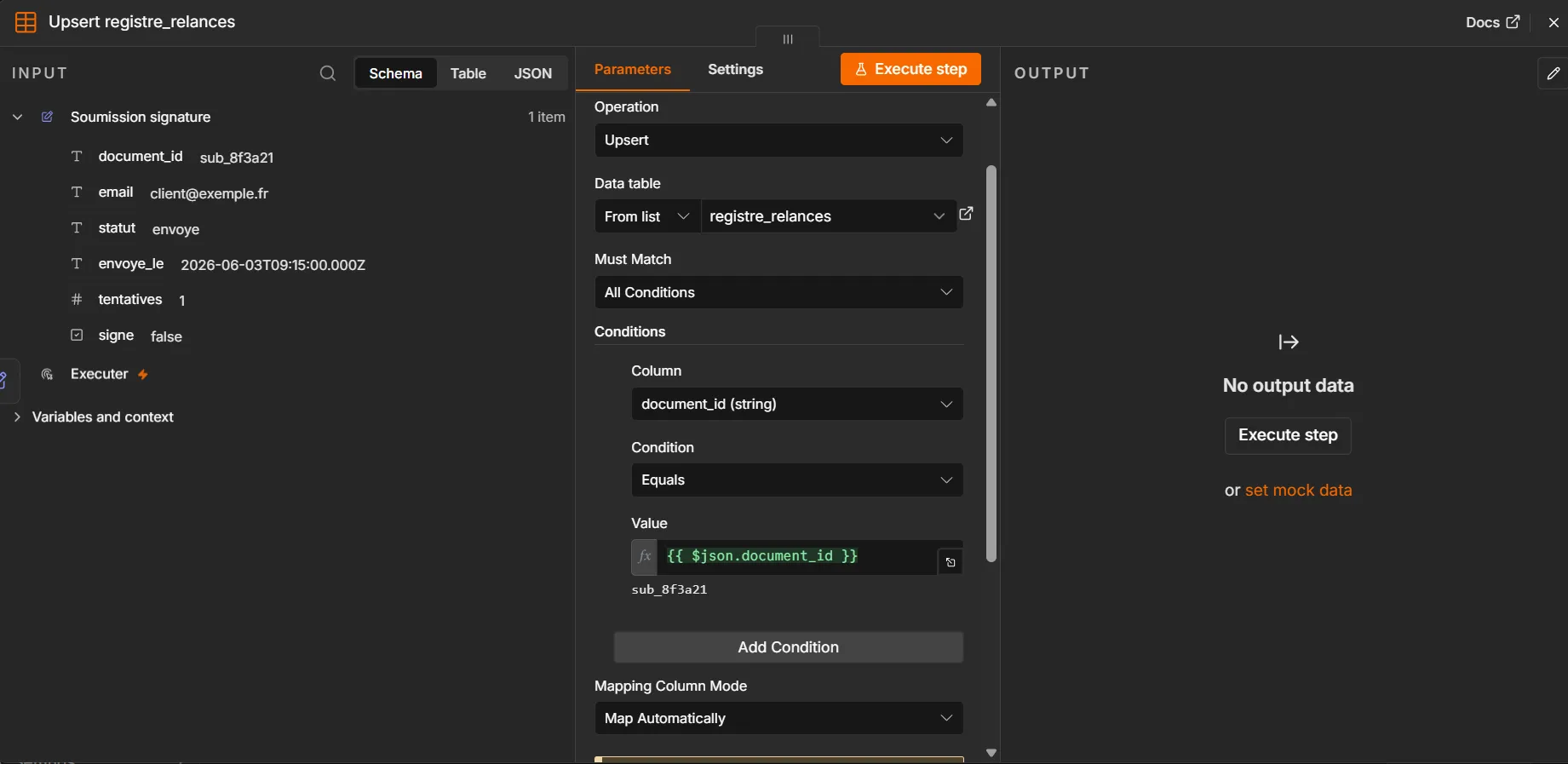 Panneau du nœud Data Table en opération Upsert sur la table registre_relances, avec Must Match réglé sur All Conditions et une condition unique, la colonne document_id de type string comparée par Equals à l’expression $json.document_id, qui se résout sous le champ en sub_8f3a21