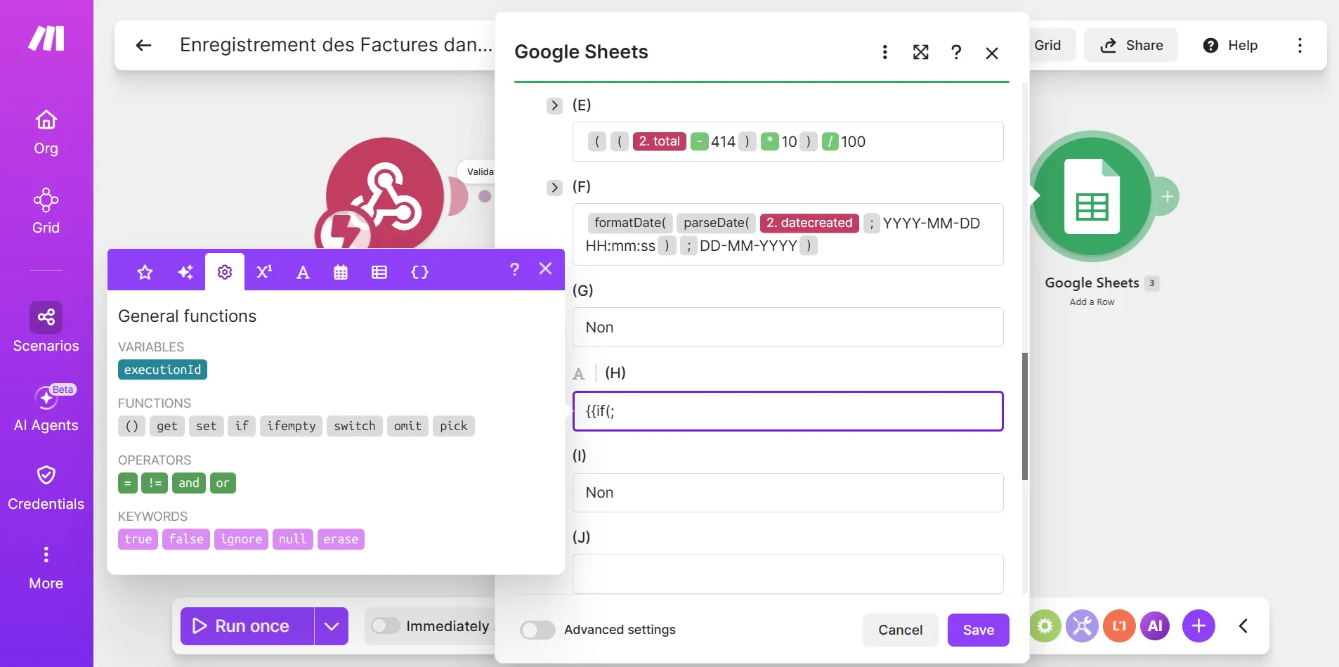 Panneau de mapping de Make ouvert sur l’onglet General functions, avec les familles de fonctions en onglets, la liste get, set, if, ifempty, switch, omit, pick, les opérateurs et les mots-clés, pendant qu’une expression if est en cours de saisie dans un champ du module Google Sheets