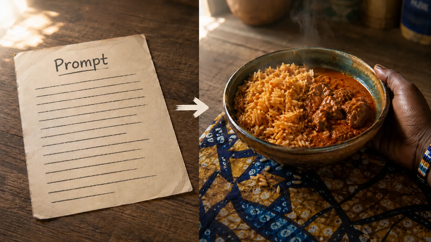 Diptyque : à gauche une feuille manuscrite intitulée Prompt aux lignes vides, une flèche vers la droite, et à droite le résultat, un bol de riz et de sauce à la viande tenu par une main au bracelet de perles sur un tissu wax