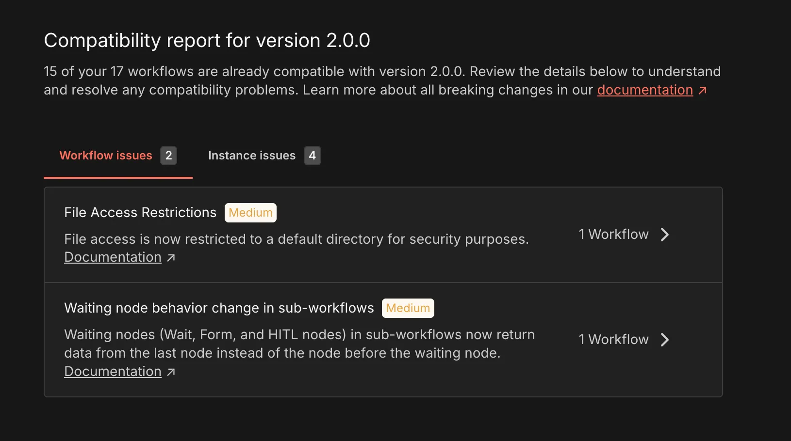 Rapport de compatibilité n8n v2 : 15 workflows sur 17 déjà compatibles, deux problèmes de workflows et quatre problèmes d’instance