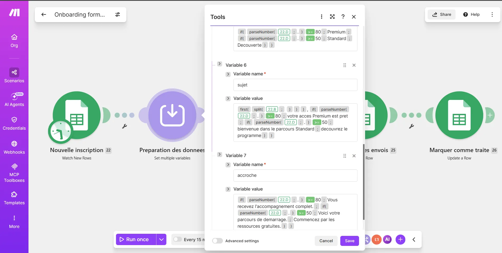 Le même scénario après refactorisation : cinq modules sur le canvas, dont un Set multiple variables dont le panneau ouvert montre les variables sujet et accroche construites avec des expressions if et parseNumber imbriquées