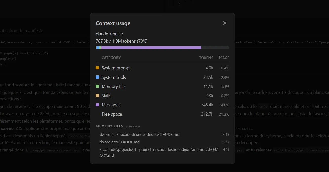 Panneau Context usage de Claude Code : consommation totale de la fenêtre de contexte répartie par catégorie, prompt système, outils, fichiers mémoire, compétences et messages, puis la section Memory Files qui liste les CLAUDE.md chargés avec leur poids en tokens