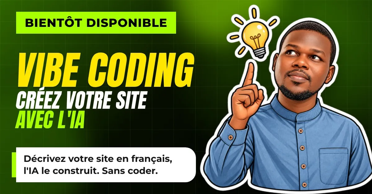 Couverture de la formation Vibe coding, marquée Bientôt disponible : « Créez votre site avec l’IA », avec un personnage illustré qui montre une ampoule allumée.